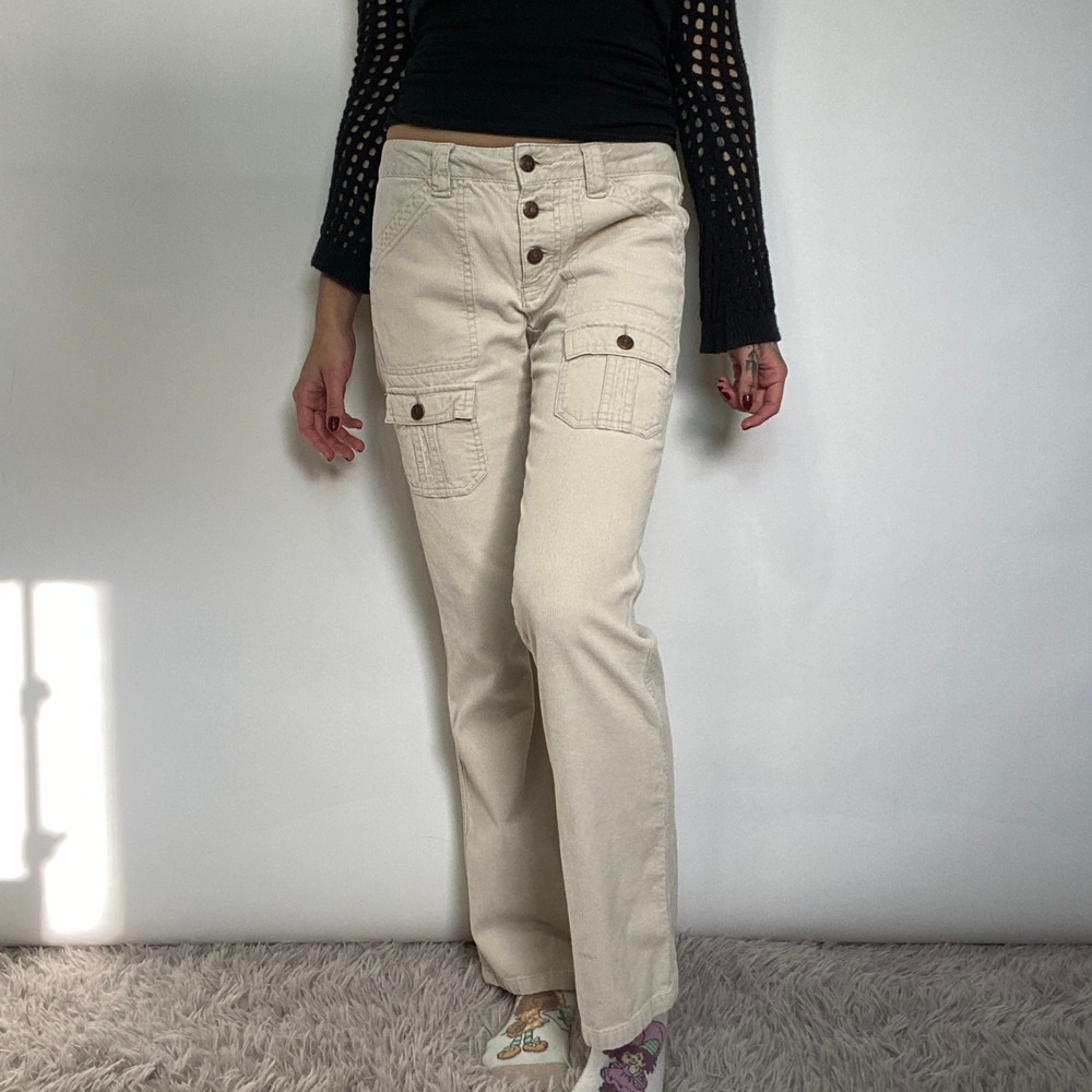 Vtg Y2K Old Navy Blue Jeans White Corduroy Mid Rise Cargo Pocket Cottage Pants 4